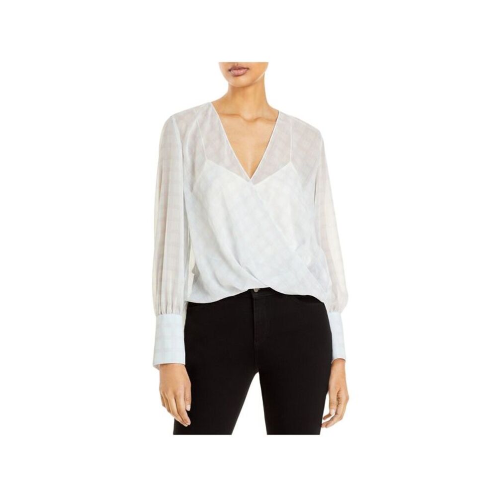 ARMANI Womens Gray Sheer Crossover Front Plaid Cuffed Sleeve Top 44